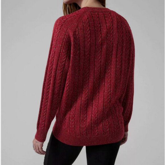 Athleta Crossroads Crewneck Cable Knit Red Metallic Holiday Sweater XS - Picture 8 of 9